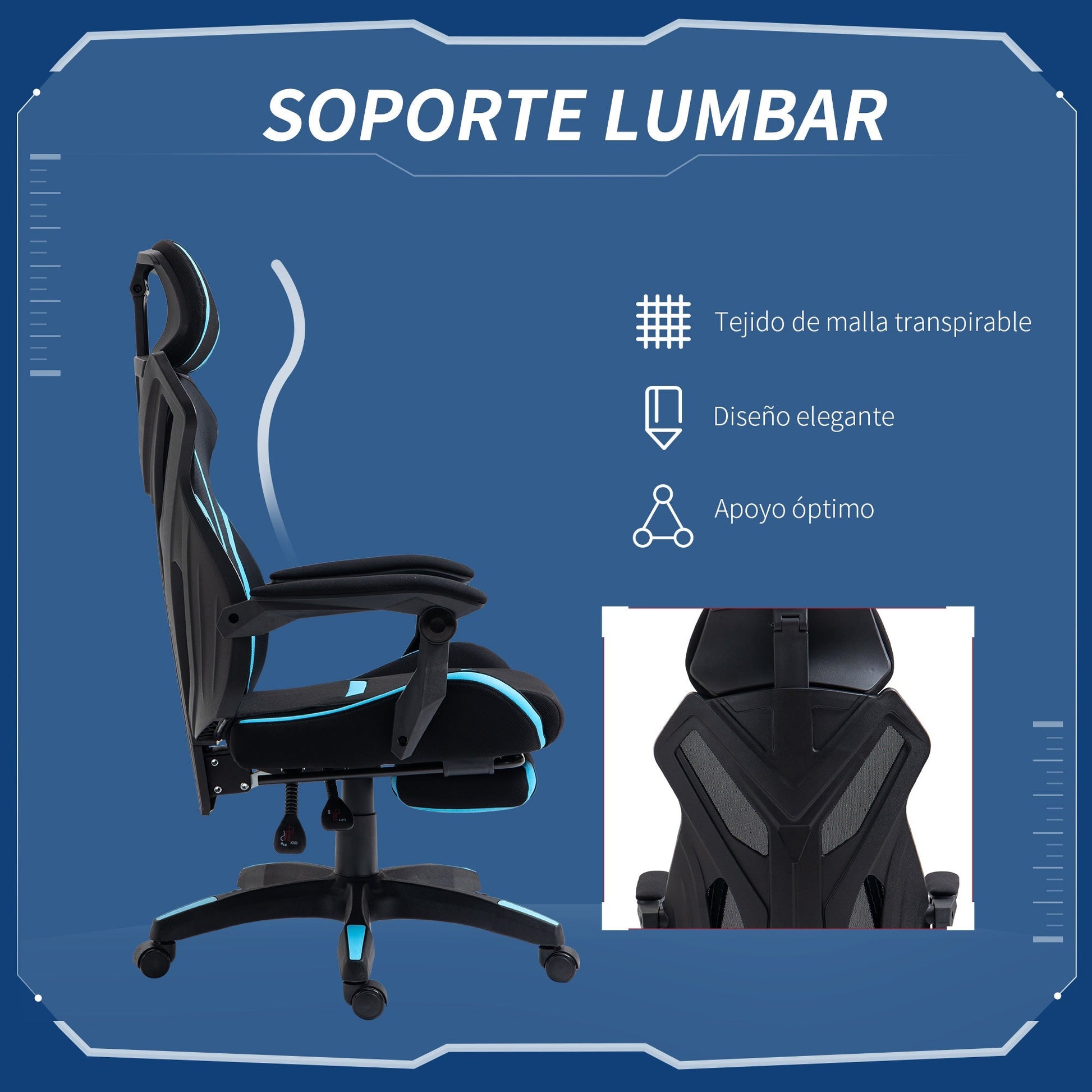 Vinsetto Cadeira de Gaming com Apoio para os Pés Retrátil Cadeira de Escritório Reclinável com Apoio para a Cabeça e Altura Ajustável 65x65x119 - 129cm Preto e Azul - A minha loja