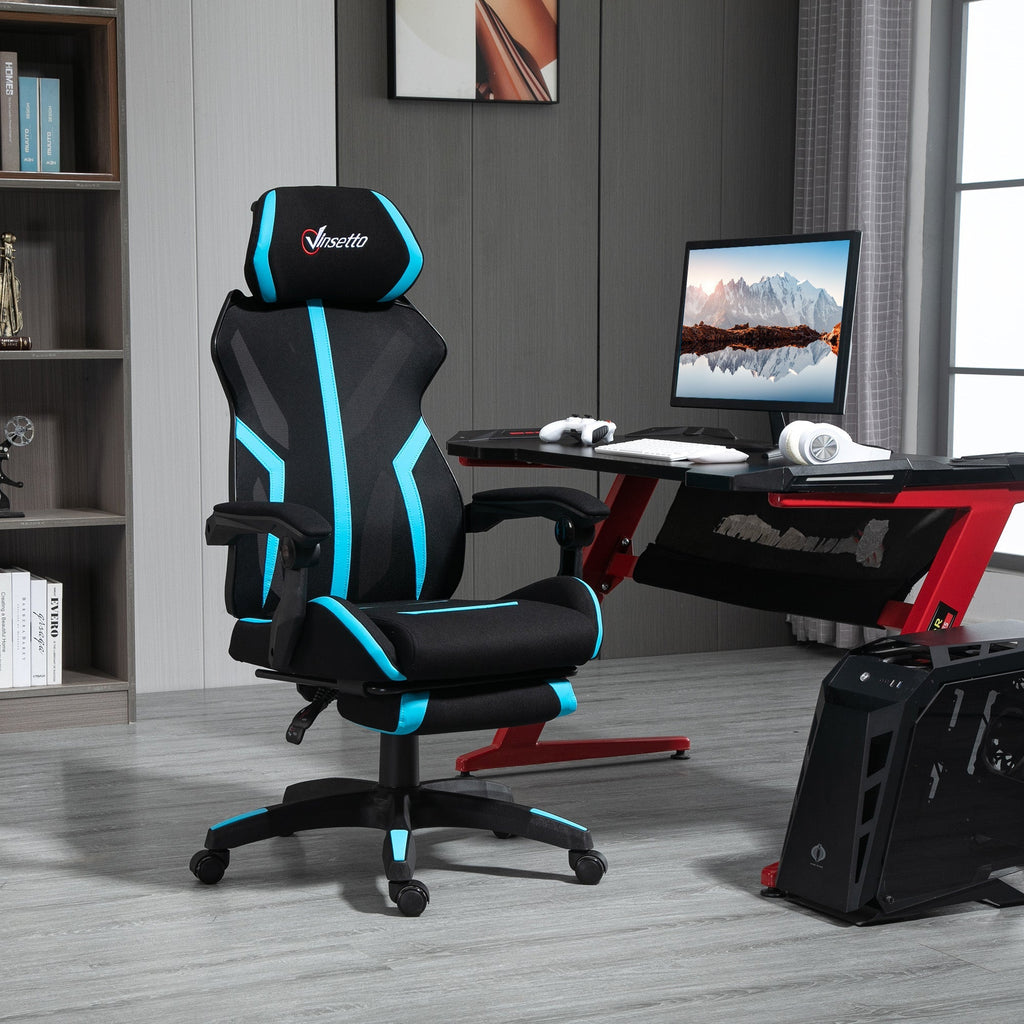 Vinsetto Cadeira de Gaming com Apoio para os Pés Retrátil Cadeira de Escritório Reclinável com Apoio para a Cabeça e Altura Ajustável 65x65x119 - 129cm Preto e Azul - A minha loja