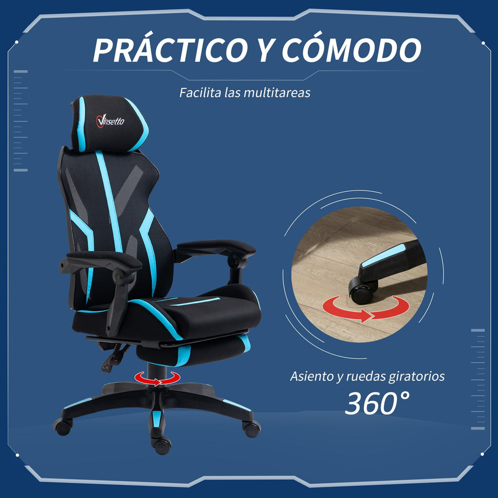Vinsetto Cadeira de Gaming com Apoio para os Pés Retrátil Cadeira de Escritório Reclinável com Apoio para a Cabeça e Altura Ajustável 65x65x119 - 129cm Preto e Azul - A minha loja