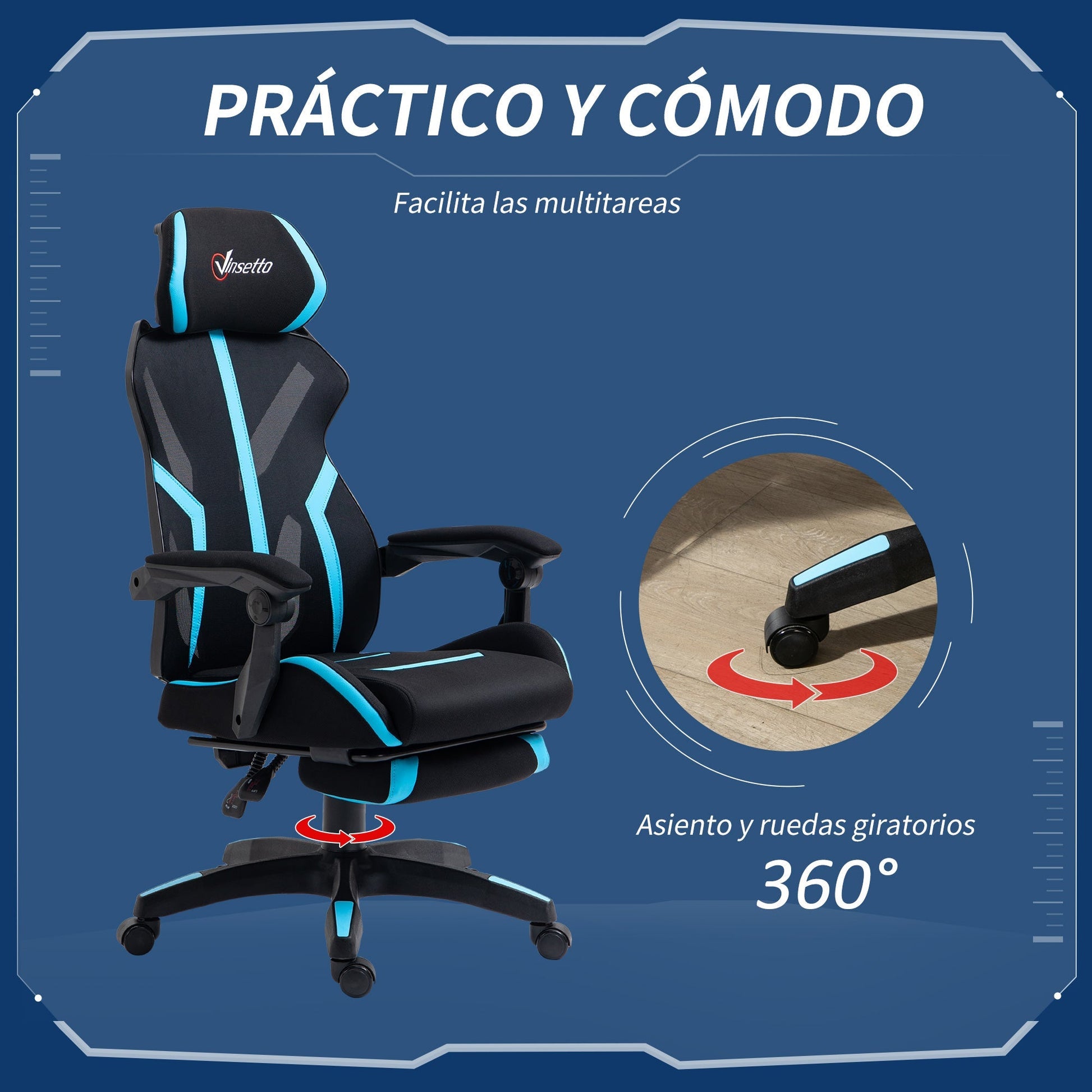 Vinsetto Cadeira de Gaming com Apoio para os Pés Retrátil Cadeira de Escritório Reclinável com Apoio para a Cabeça e Altura Ajustável 65x65x119 - 129cm Preto e Azul - A minha loja