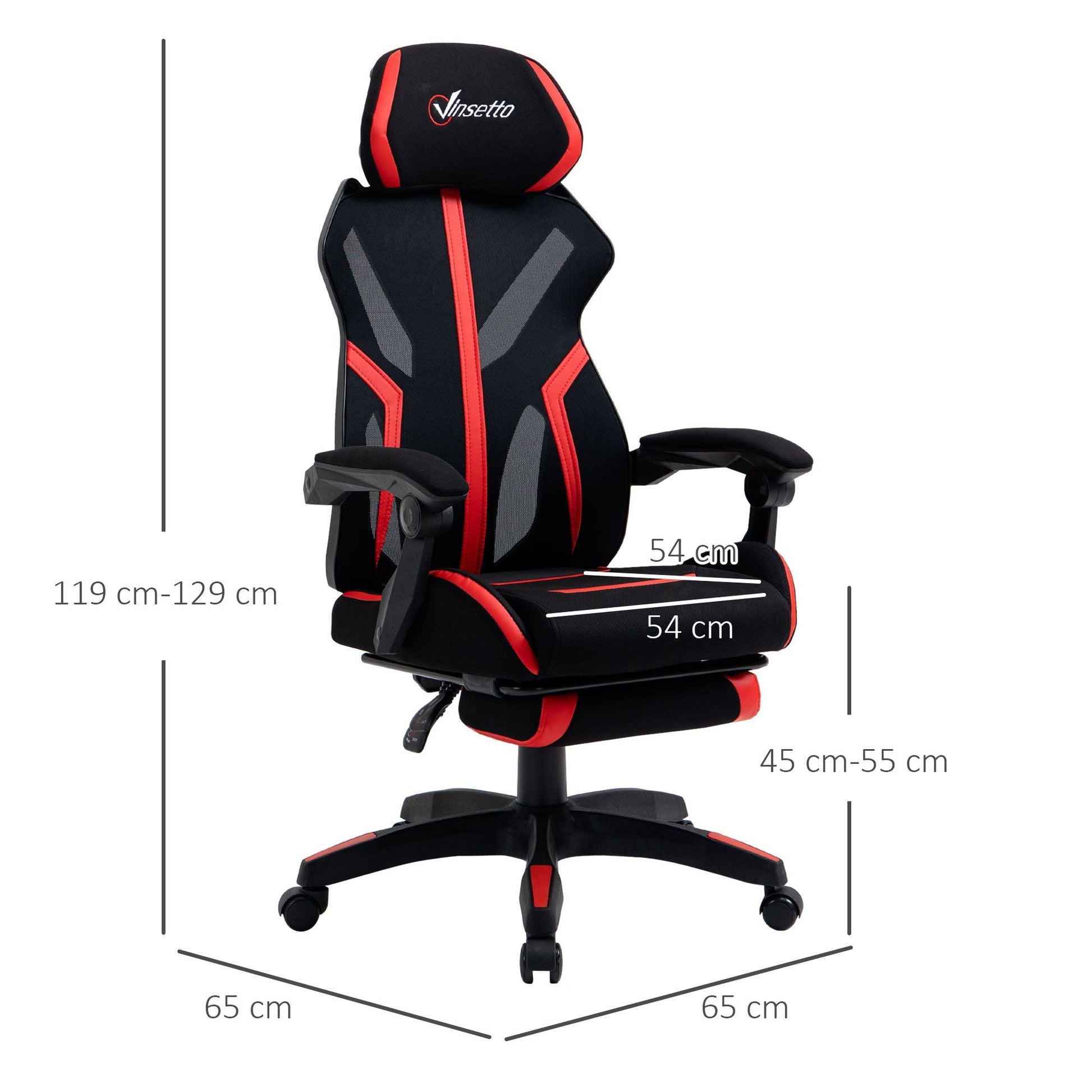 Vinsetto Cadeira de Gaming com Apoio para os Pés Retrátil Cadeira de Escritório Reclinável com Apoio para a Cabeça e Altura Ajustável 65x65x119 - 129cm Preto e Vermelho - A minha loja