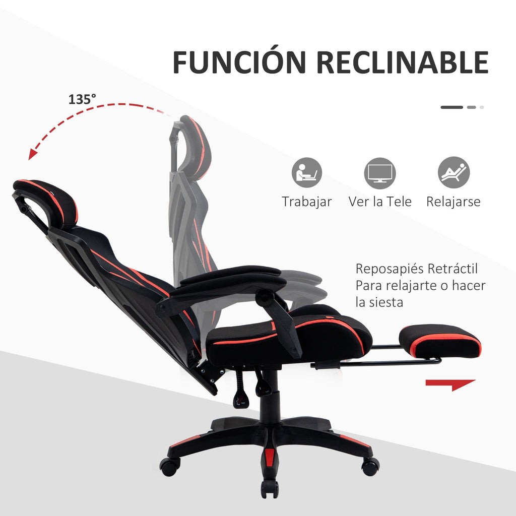Vinsetto Cadeira de Gaming com Apoio para os Pés Retrátil Cadeira de Escritório Reclinável com Apoio para a Cabeça e Altura Ajustável 65x65x119 - 129cm Preto e Vermelho - A minha loja