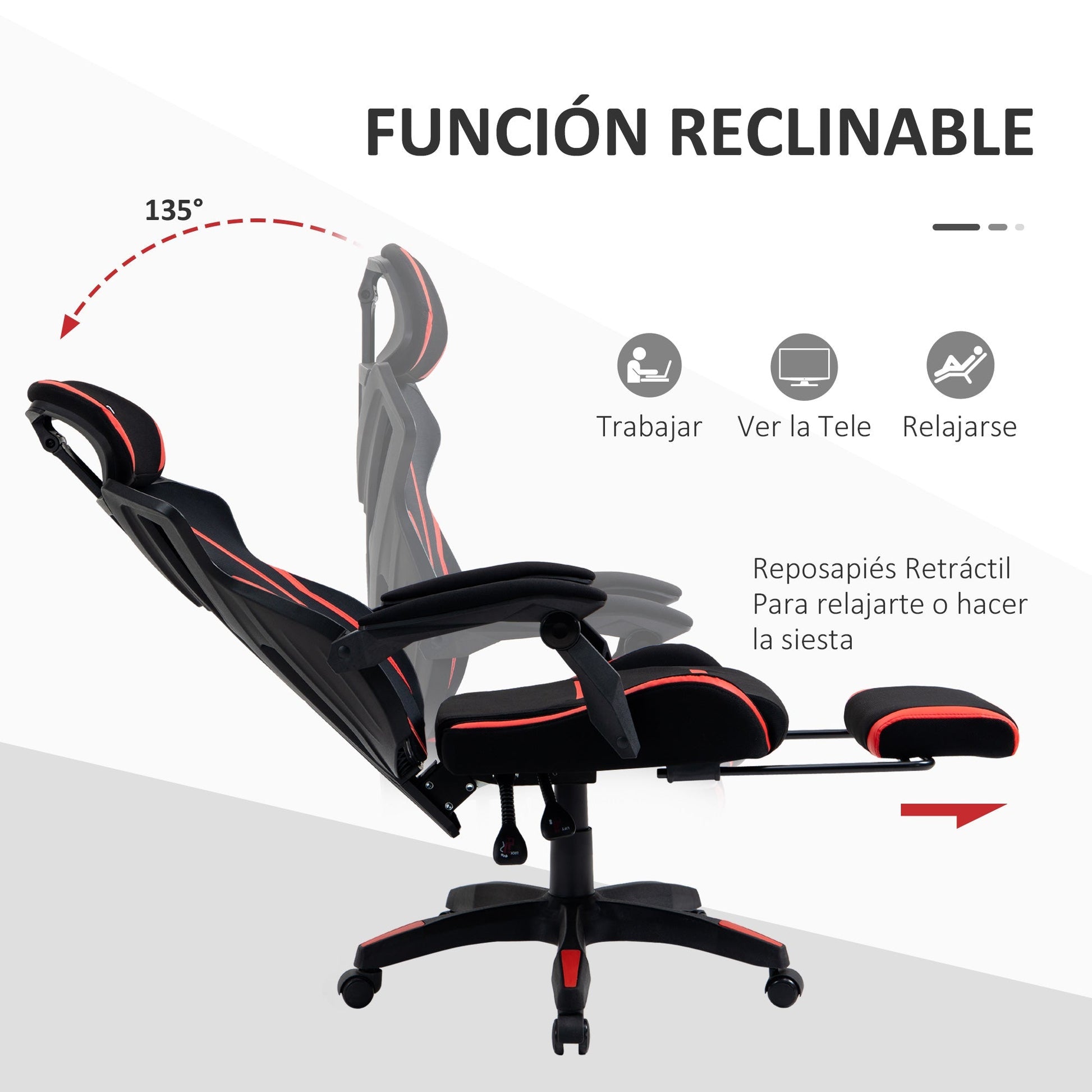 Vinsetto Cadeira de Gaming com Apoio para os Pés Retrátil Cadeira de Escritório Reclinável com Apoio para a Cabeça e Altura Ajustável 65x65x119 - 129cm Preto e Vermelho - A minha loja