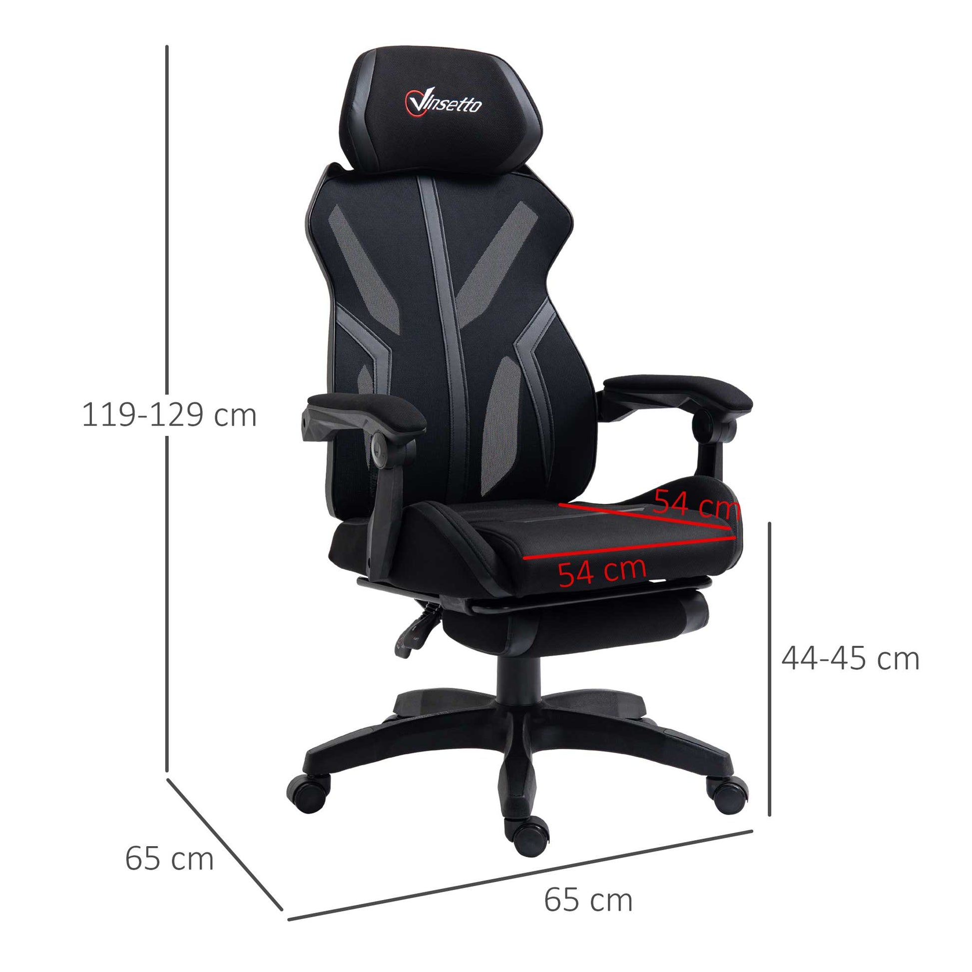 Vinsetto Cadeira de Gaming com Apoio para os Pés Retrátil Cadeira de Escritório Reclinável com Apoio para a Cabeça e Altura Ajustável 65x65x119 - 129cm Preto - A minha loja