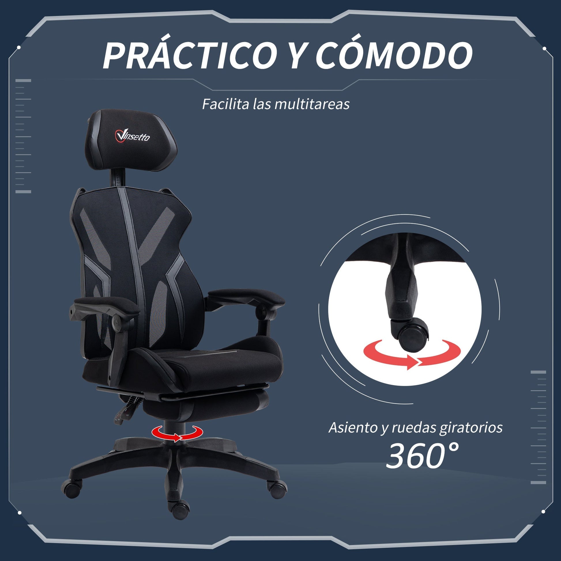 Vinsetto Cadeira de Gaming com Apoio para os Pés Retrátil Cadeira de Escritório Reclinável com Apoio para a Cabeça e Altura Ajustável 65x65x119 - 129cm Preto - A minha loja