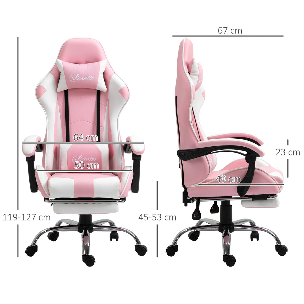Vinsetto Cadeira de Gaming Reclinável Cadeira Gaming Giratória com Apoio para a Cabeça Apoio para os Pés Almofada Lombar Altura Ajustável para Escritório Estúdio 64x67x119 - 127 cm Rosa - A minha loja