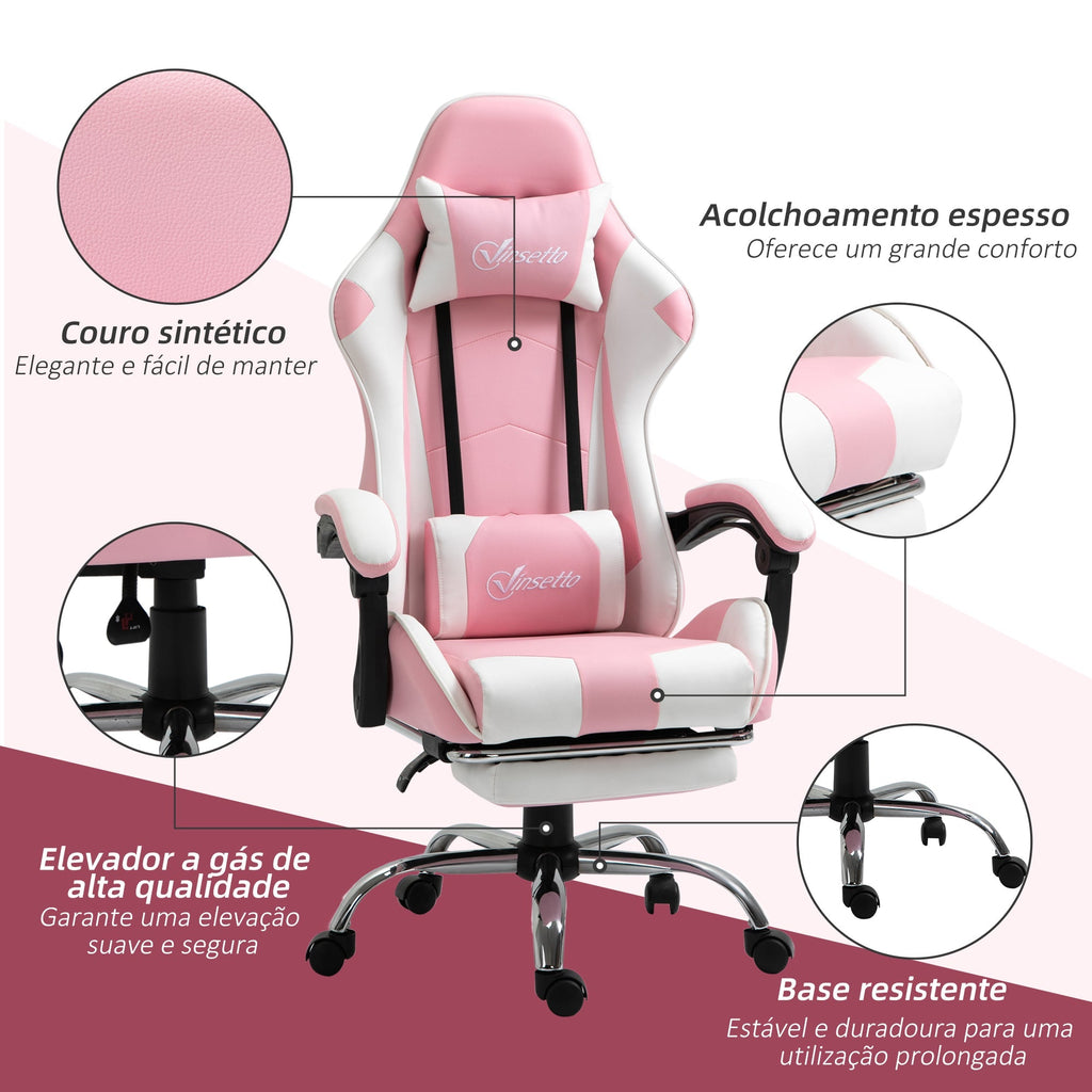 Vinsetto Cadeira de Gaming Reclinável Cadeira Gaming Giratória com Apoio para a Cabeça Apoio para os Pés Almofada Lombar Altura Ajustável para Escritório Estúdio 64x67x119 - 127 cm Rosa - A minha loja