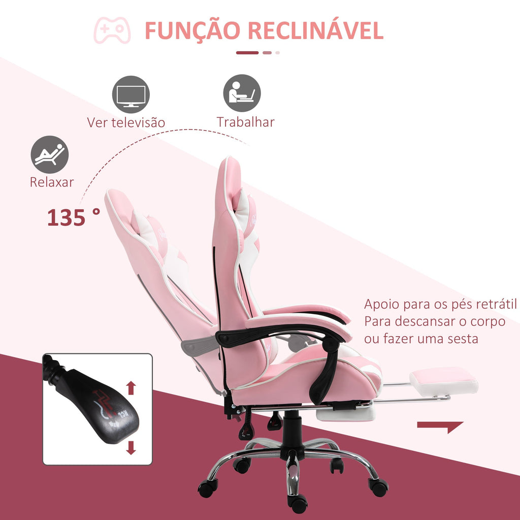 Vinsetto Cadeira de Gaming Reclinável Cadeira Gaming Giratória com Apoio para a Cabeça Apoio para os Pés Almofada Lombar Altura Ajustável para Escritório Estúdio 64x67x119 - 127 cm Rosa - A minha loja