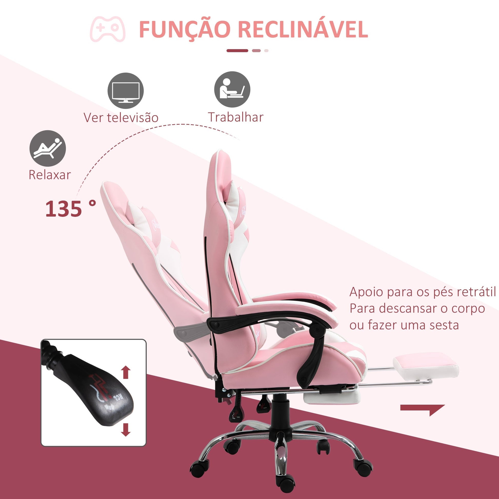 Vinsetto Cadeira de Gaming Reclinável Cadeira Gaming Giratória com Apoio para a Cabeça Apoio para os Pés Almofada Lombar Altura Ajustável para Escritório Estúdio 64x67x119 - 127 cm Rosa - A minha loja