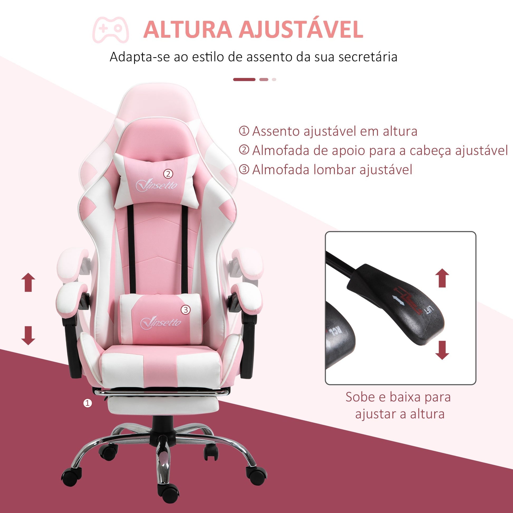 Vinsetto Cadeira de Gaming Reclinável Cadeira Gaming Giratória com Apoio para a Cabeça Apoio para os Pés Almofada Lombar Altura Ajustável para Escritório Estúdio 64x67x119 - 127 cm Rosa - A minha loja