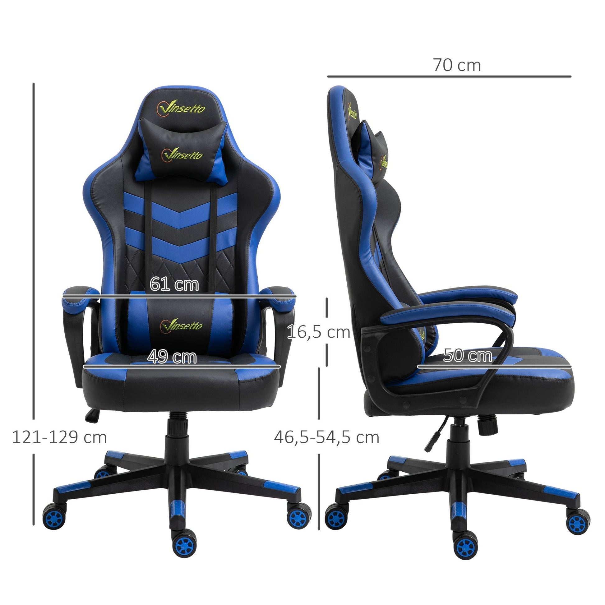 Vinsetto Cadeira Gaming Cadeira de Escritório Ergonómica com Altura Regulável Basculante com Apoio de Cabeça e Almofada Lombar 61x70x121 - 129 cm Azul - A minha loja