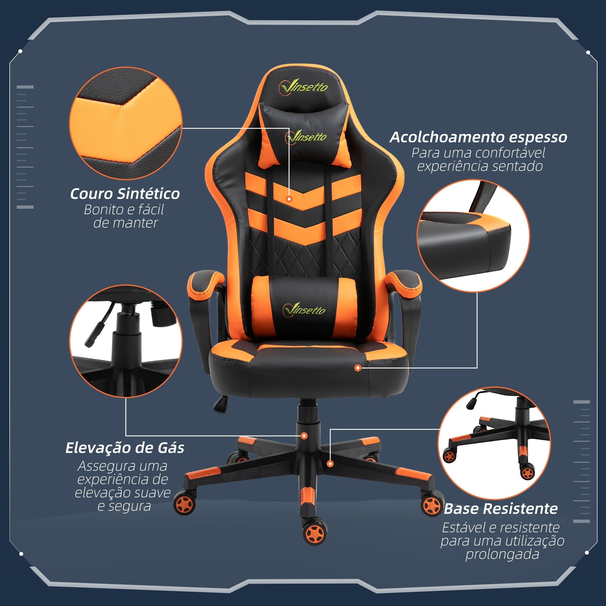 Vinsetto Cadeira Gaming Cadeira de Escritório Ergonómica com Altura Regulável Basculante com Apoio de Cabeça e Almofada Lombar 61x70x121 - 129 cm Laranja - A minha loja