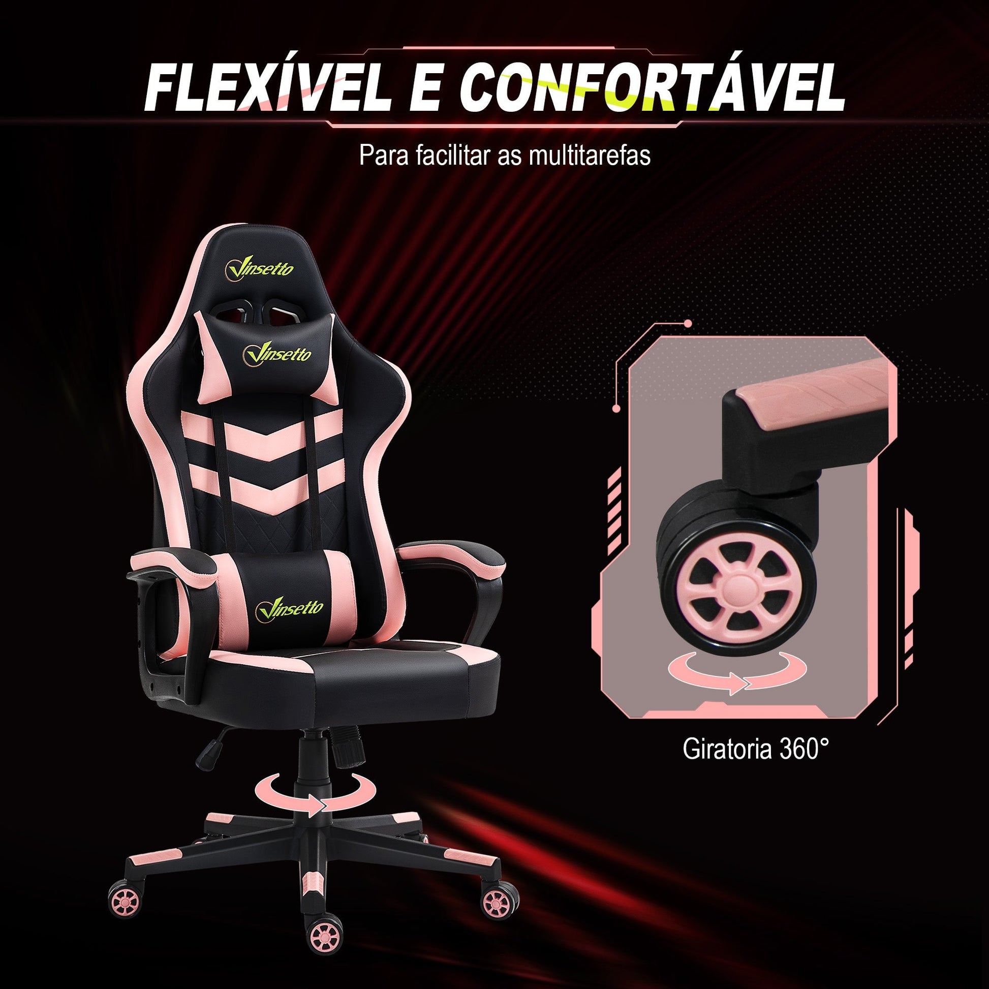 Vinsetto Cadeira Gaming Cadeira de Escritório Ergonómica com Altura Regulável Basculante com Apoio de Cabeça e Almofada Lombar 61x70x121 - 129 cm Rosa e Preto - A minha loja