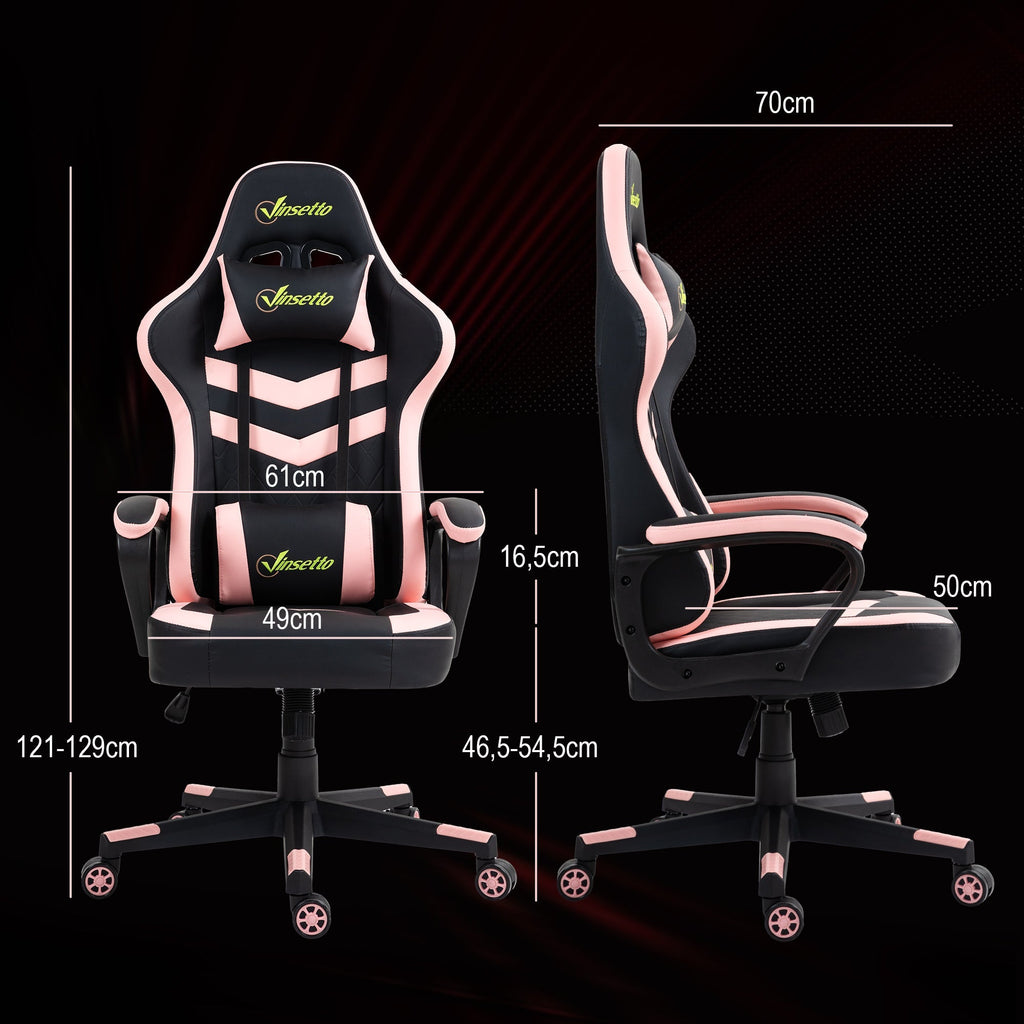 Vinsetto Cadeira Gaming Cadeira de Escritório Ergonómica com Altura Regulável Basculante com Apoio de Cabeça e Almofada Lombar 61x70x121 - 129 cm Rosa e Preto - A minha loja