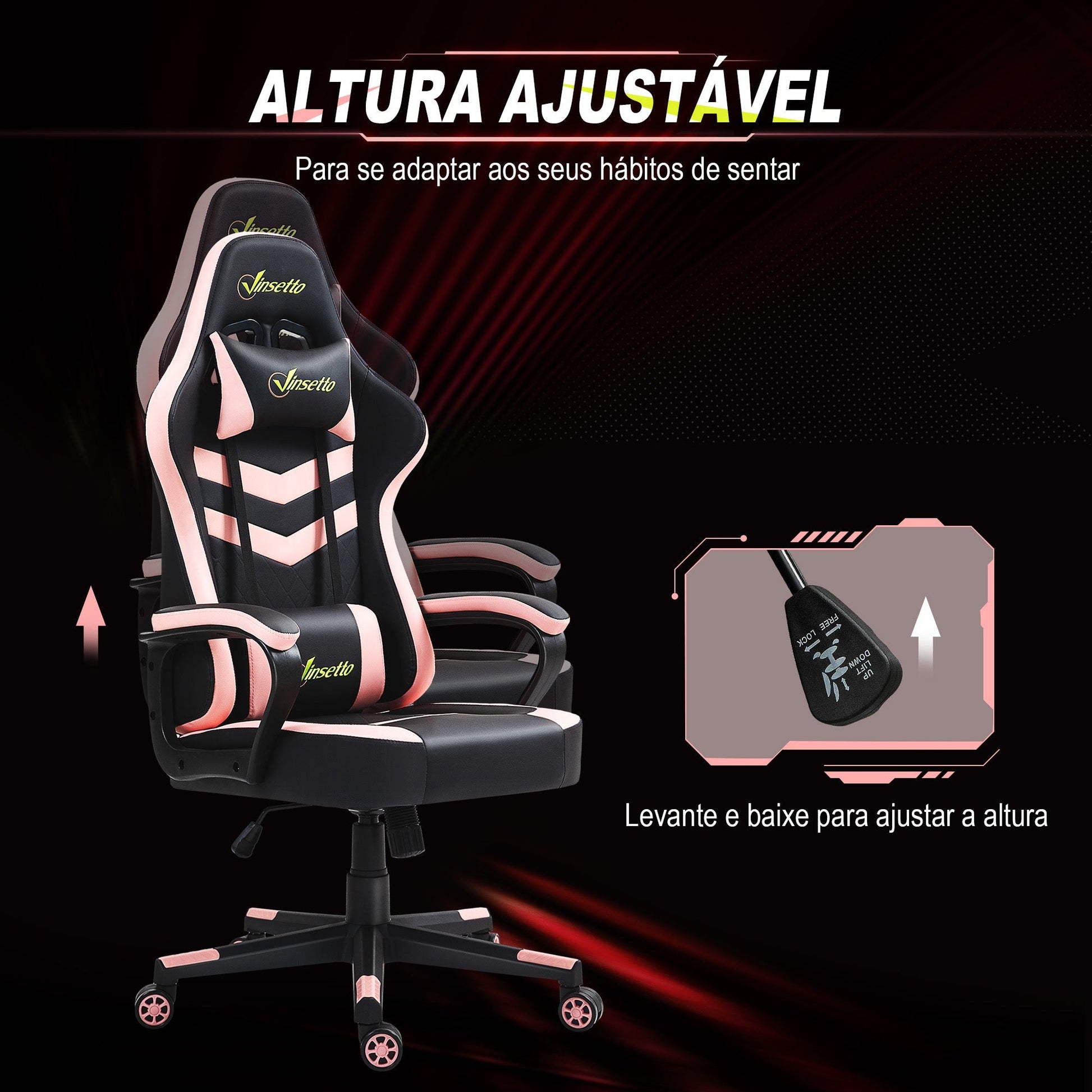 Vinsetto Cadeira Gaming Cadeira de Escritório Ergonómica com Altura Regulável Basculante com Apoio de Cabeça e Almofada Lombar 61x70x121 - 129 cm Rosa e Preto - A minha loja
