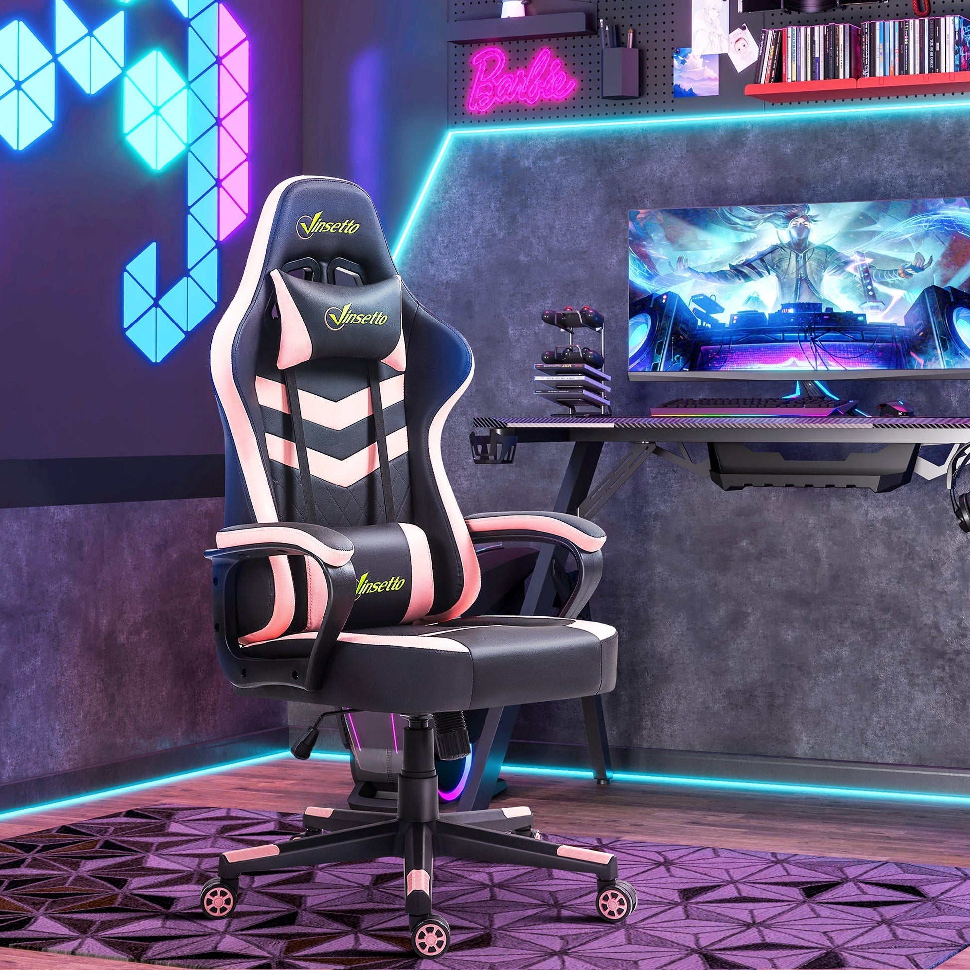 Vinsetto Cadeira Gaming Cadeira de Escritório Ergonómica com Altura Regulável Basculante com Apoio de Cabeça e Almofada Lombar 61x70x121 - 129 cm Rosa e Preto - A minha loja