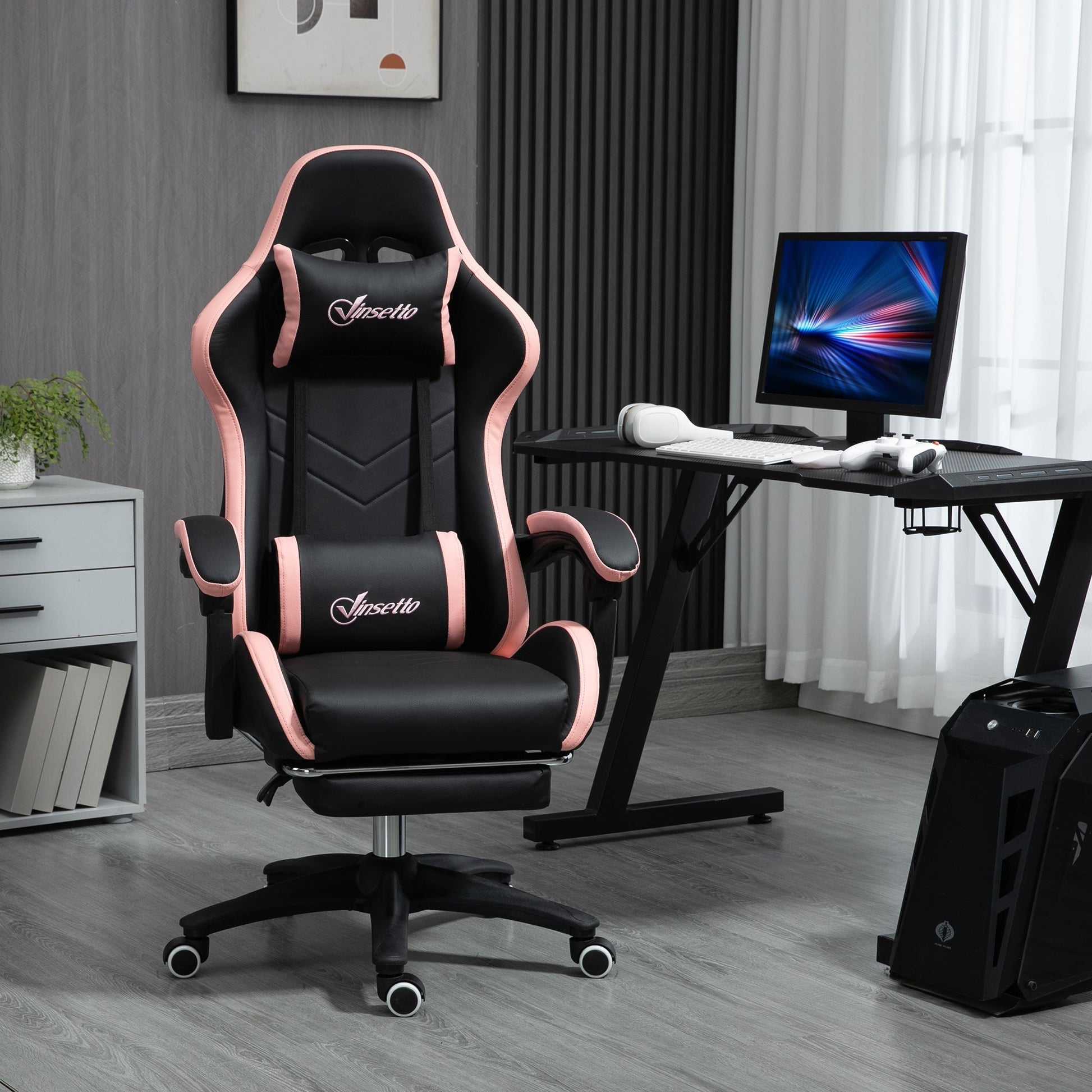 Vinsetto Cadeira Gaming Cadeira Gamer Racing de Couro PU com Altura Ajustável Reclinável 135° Apoio para a Cabeça e Apoio para os Pés Retrátil para Escritório Estúdio 65x65x121 - 129 cm Preto e Rosa - A minha loja