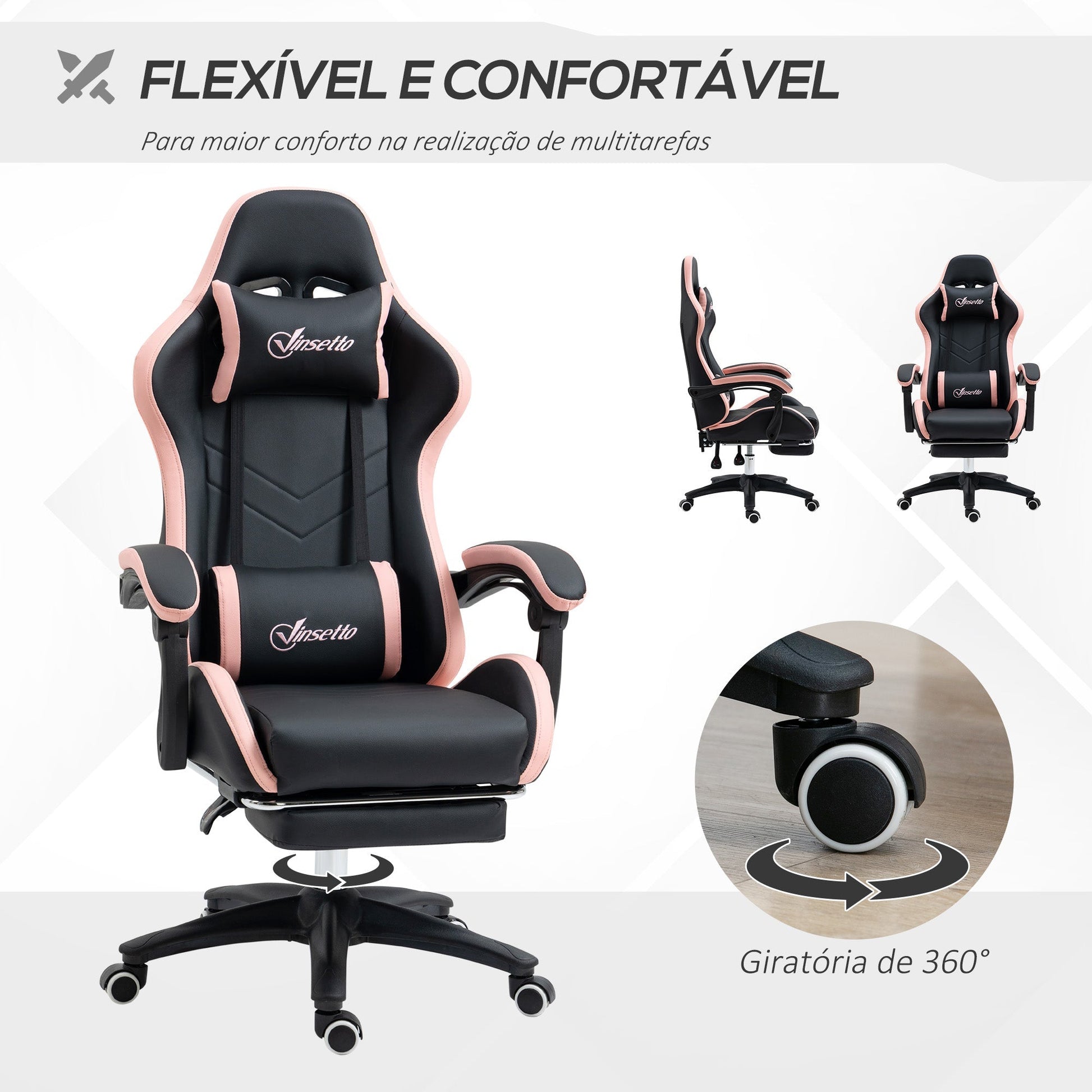Vinsetto Cadeira Gaming Cadeira Gamer Racing de Couro PU com Altura Ajustável Reclinável 135° Apoio para a Cabeça e Apoio para os Pés Retrátil para Escritório Estúdio 65x65x121 - 129 cm Preto e Rosa - A minha loja
