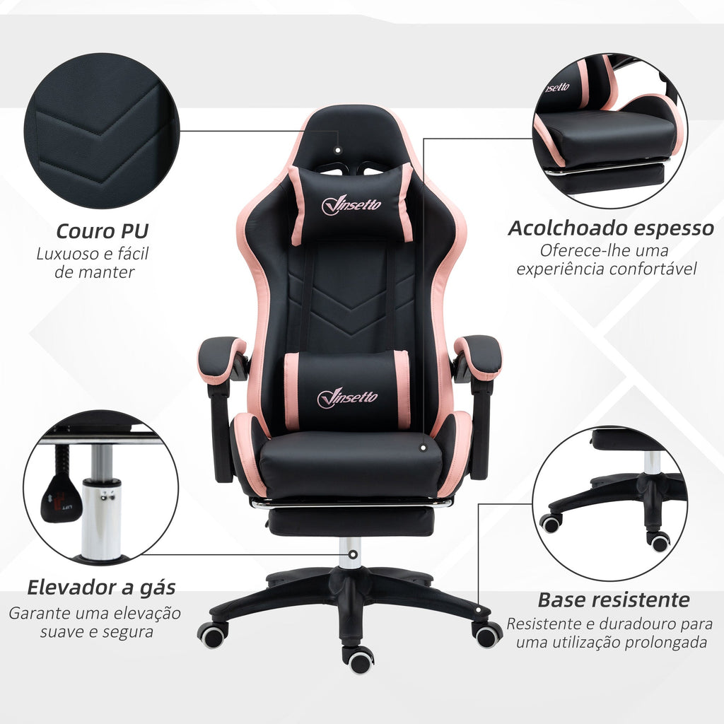 Vinsetto Cadeira Gaming Cadeira Gamer Racing de Couro PU com Altura Ajustável Reclinável 135° Apoio para a Cabeça e Apoio para os Pés Retrátil para Escritório Estúdio 65x65x121 - 129 cm Preto e Rosa - A minha loja