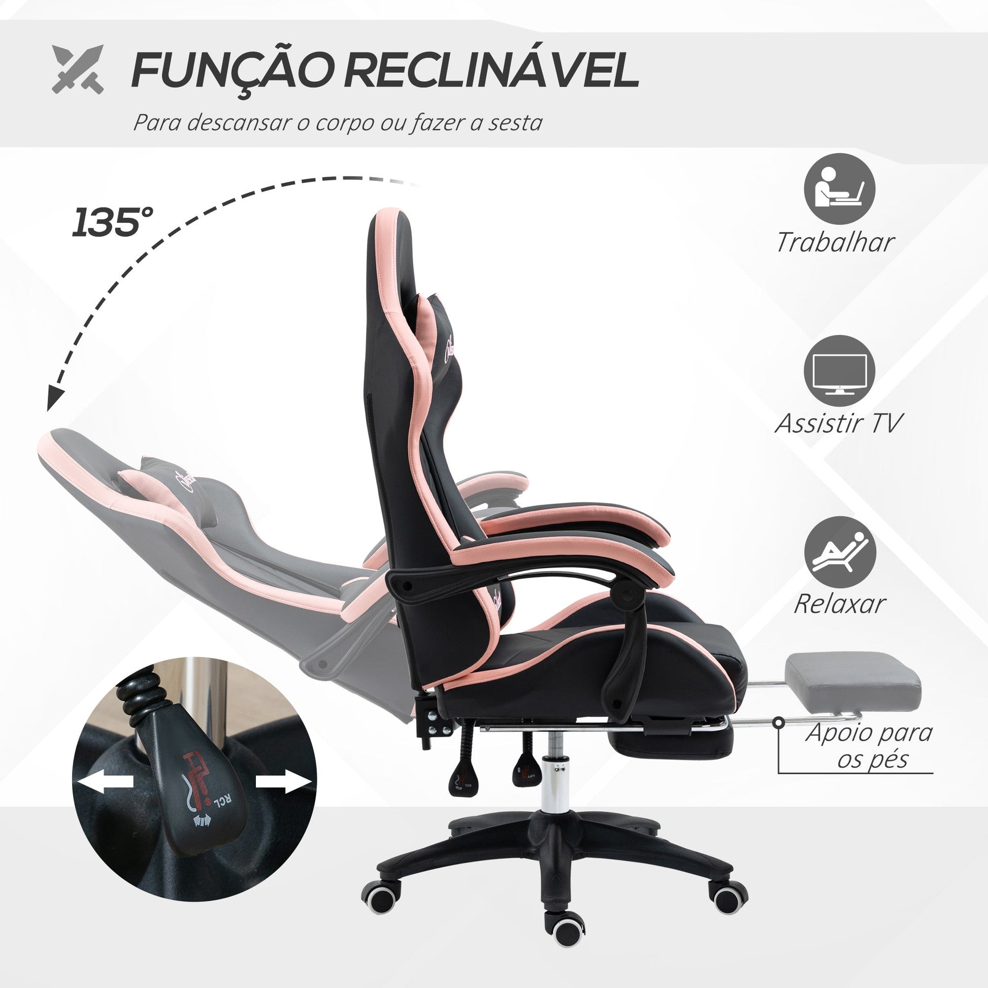 Vinsetto Cadeira Gaming Cadeira Gamer Racing de Couro PU com Altura Ajustável Reclinável 135° Apoio para a Cabeça e Apoio para os Pés Retrátil para Escritório Estúdio 65x65x121 - 129 cm Preto e Rosa - A minha loja
