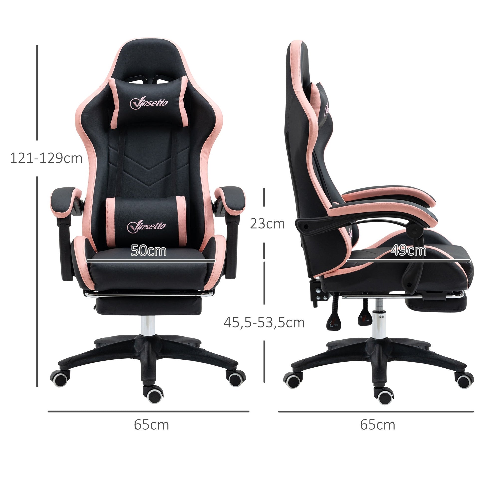 Vinsetto Cadeira Gaming Cadeira Gamer Racing de Couro PU com Altura Ajustável Reclinável 135° Apoio para a Cabeça e Apoio para os Pés Retrátil para Escritório Estúdio 65x65x121 - 129 cm Preto e Rosa - A minha loja