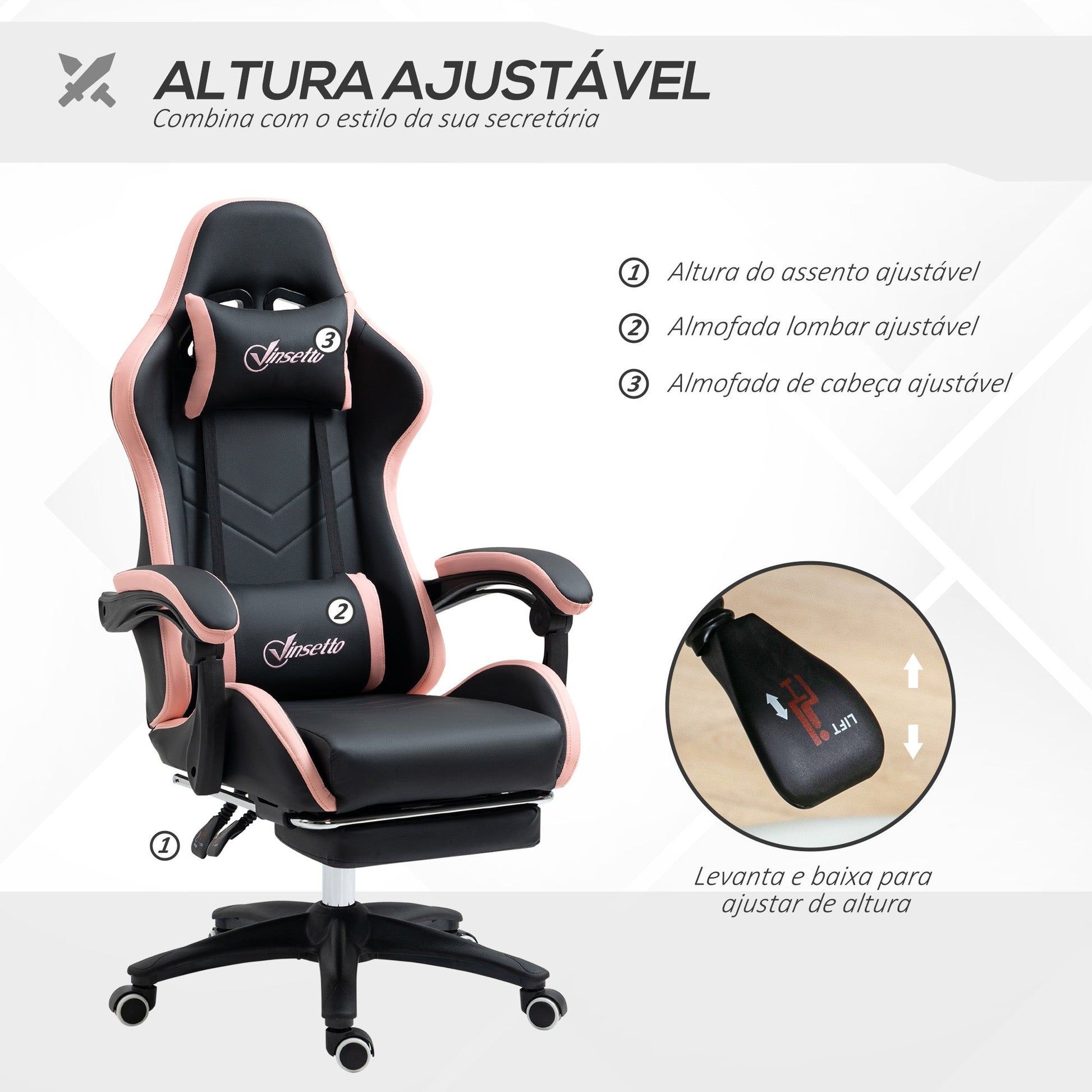 Vinsetto Cadeira Gaming Cadeira Gamer Racing de Couro PU com Altura Ajustável Reclinável 135° Apoio para a Cabeça e Apoio para os Pés Retrátil para Escritório Estúdio 65x65x121 - 129 cm Preto e Rosa - A minha loja