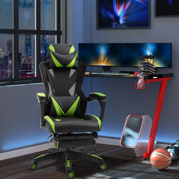 Cadeira Gaming Ergonómica Cadeira Gaming para Escritório com Altura Ajustável Encosto Regulável Almofada Lombar Apoio para os Pés Retráteis 65x70x117-125cm Verde