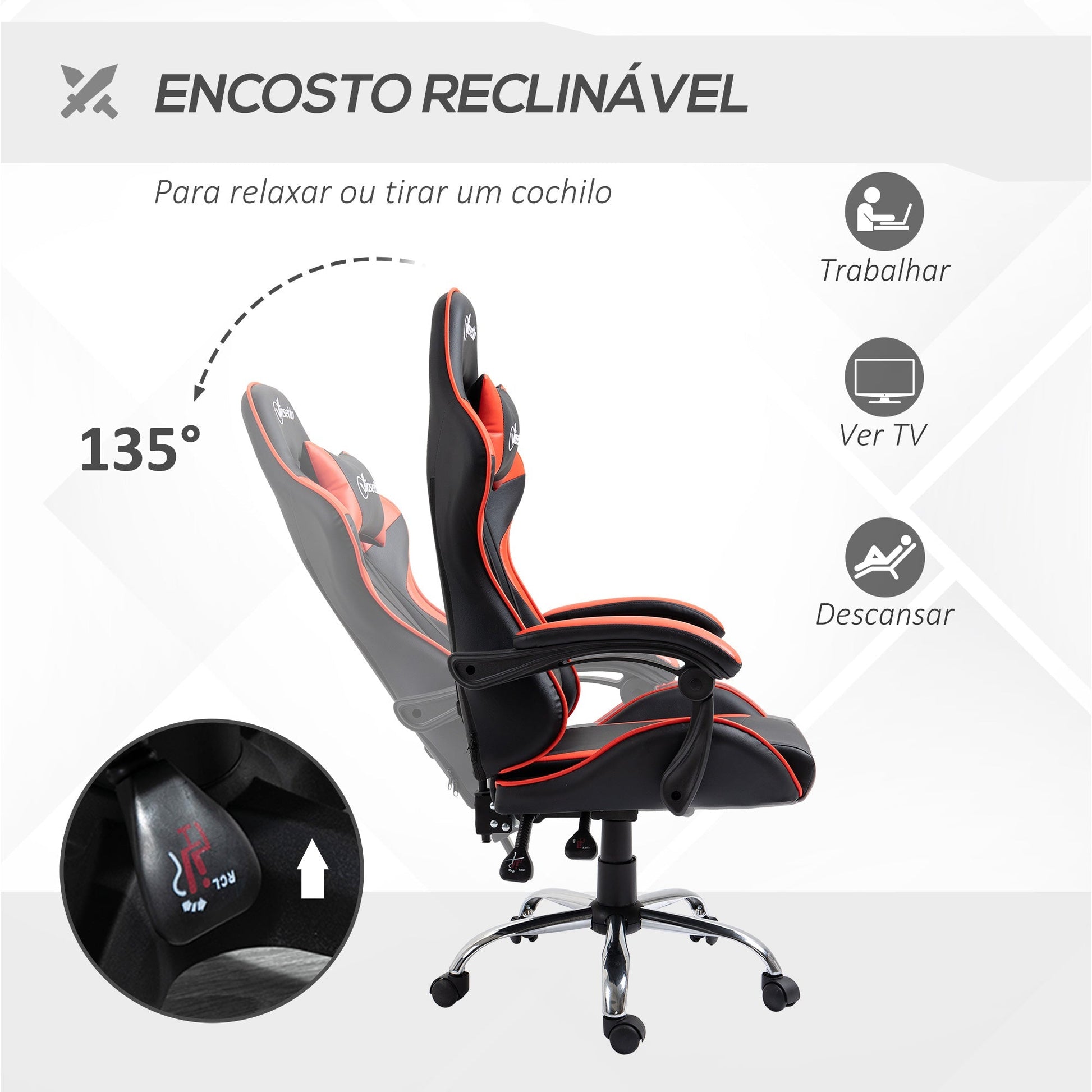 Vinsetto Cadeira Gaming Ergonômica Cadeira para Videojogos Reclinável com Altura Regulável Apoio para a Cabeça e Almofada Lombar 63x67x119 - 127cm Vermelho e Preto - A minha loja