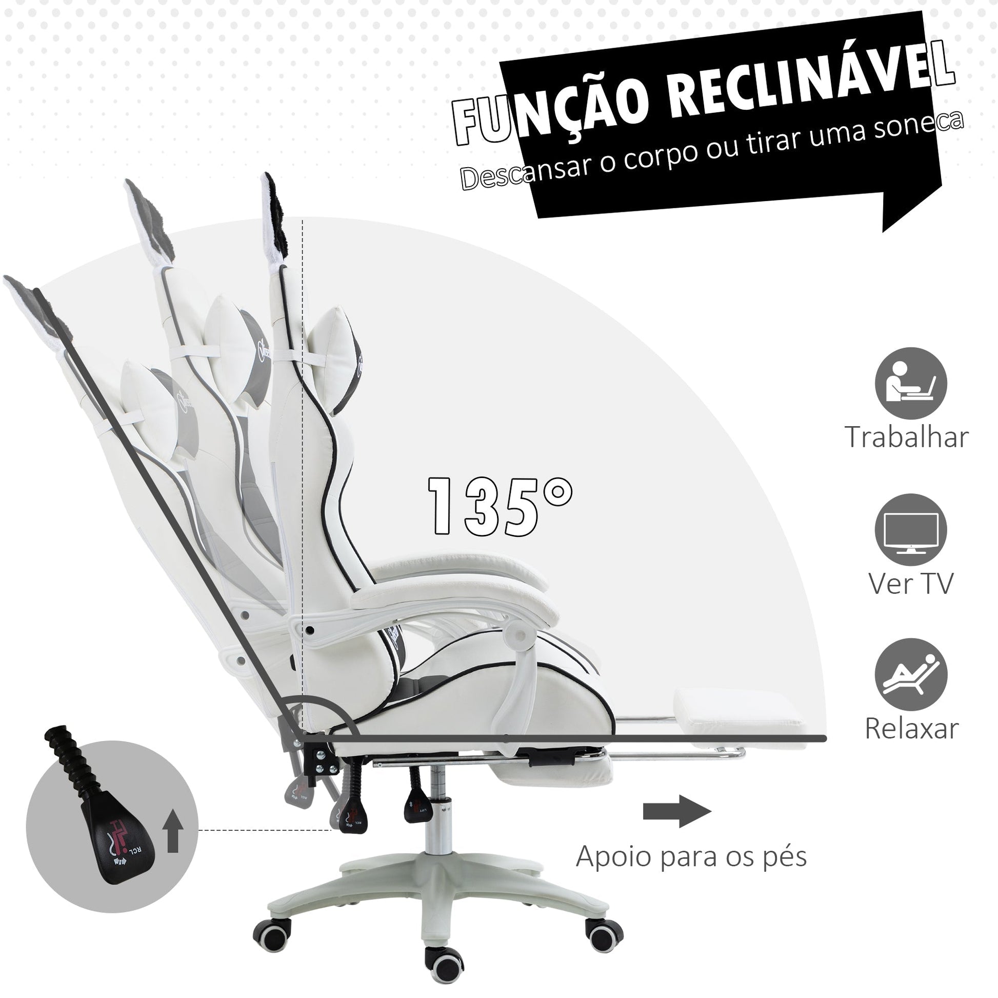 Vinsetto Cadeira Gaming Profissional Cadeira Gamer Giratória de Couro PU com Altura Ajustável Inclinável 135° Apoio para a Cabeça e Apoio para os Pés para Escritório 65x63x136 - 142 cm Branco e Preto - A minha loja
