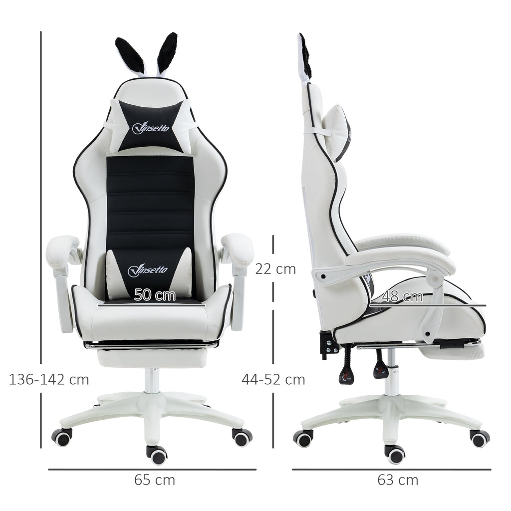 Vinsetto Cadeira Gaming Profissional Cadeira Gamer Giratória de Couro PU com Altura Ajustável Inclinável 135° Apoio para a Cabeça e Apoio para os Pés para Escritório 65x63x136 - 142 cm Branco e Preto - A minha loja