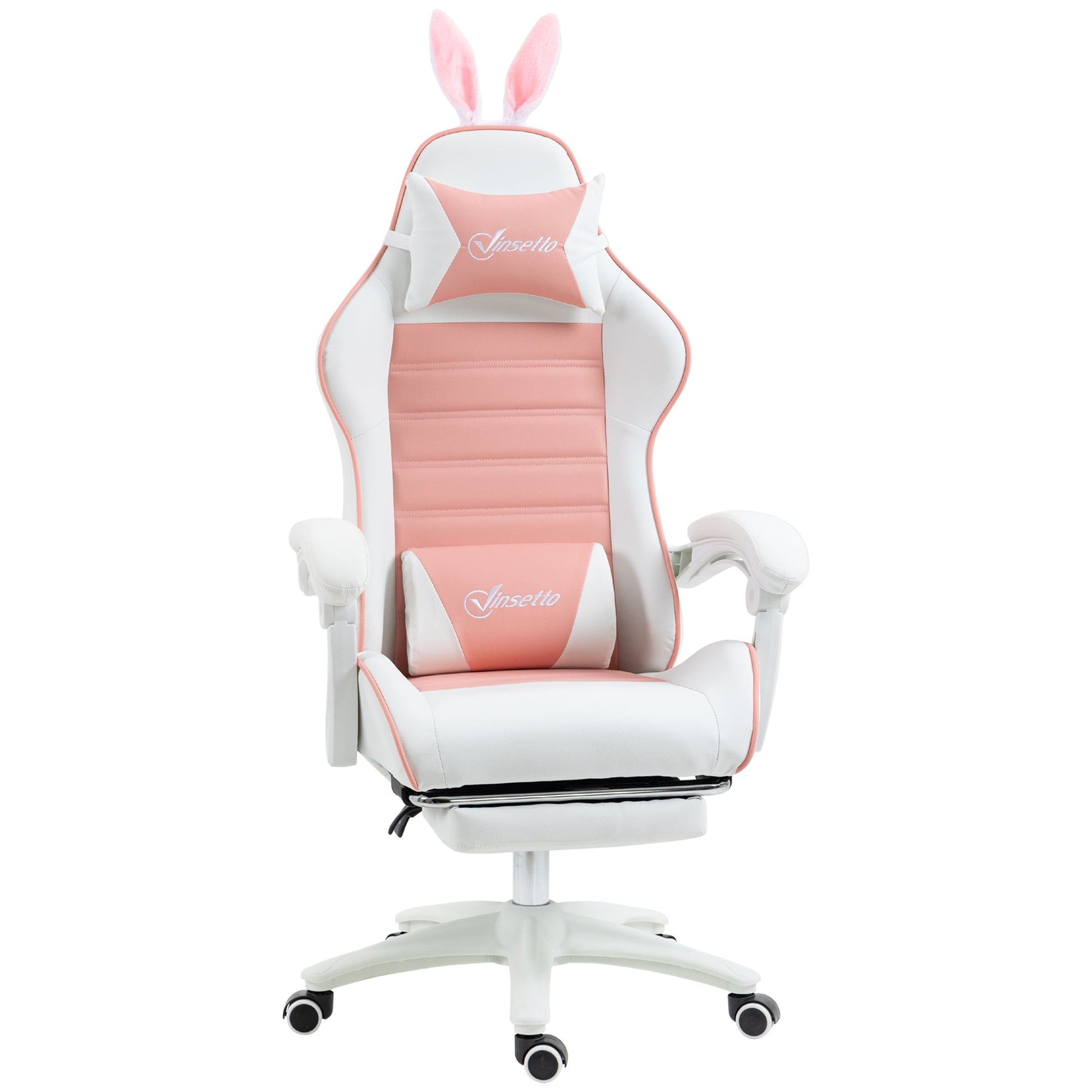 Vinsetto Cadeira Gaming Profissional Cadeira Gamer Giratória de Couro PU com Altura Ajustável Inclinável 135° Apoio para a Cabeça e Apoio para os Pés para Escritório 65x63x136 - 142 cm Rosa e Preto - A minha loja