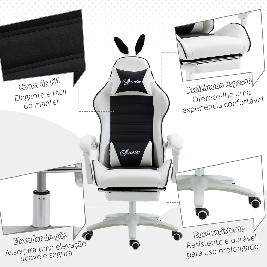 Vinsetto Cadeira Gaming Profissional Cadeira Gamer Giratória de Couro PU com Altura Ajustável Inclinável 135° Apoio para a Cabeça e Apoio para os Pés para Escritório 65x63x136 - 142 cm Branco e Preto - A minha loja