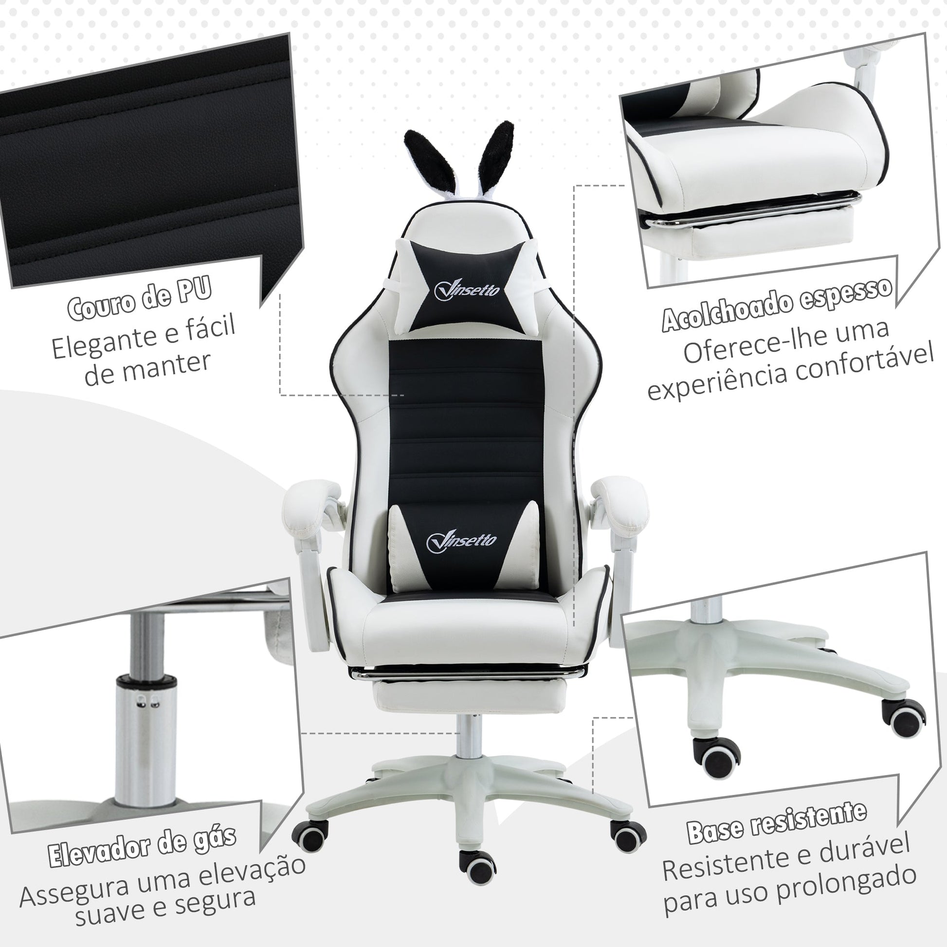 Vinsetto Cadeira Gaming Profissional Cadeira Gamer Giratória de Couro PU com Altura Ajustável Inclinável 135° Apoio para a Cabeça e Apoio para os Pés para Escritório 65x63x136 - 142 cm Branco e Preto - A minha loja