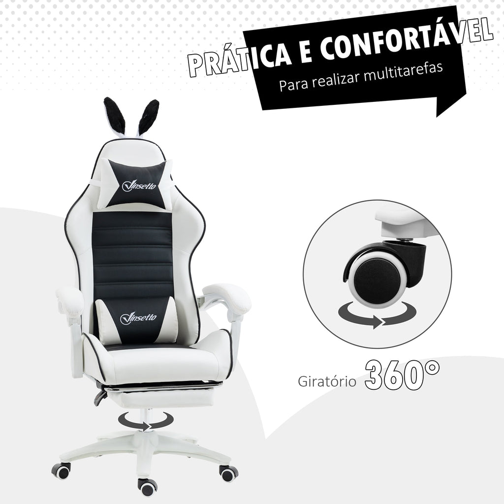 Vinsetto Cadeira Gaming Profissional Cadeira Gamer Giratória de Couro PU com Altura Ajustável Inclinável 135° Apoio para a Cabeça e Apoio para os Pés para Escritório 65x63x136 - 142 cm Branco e Preto - A minha loja