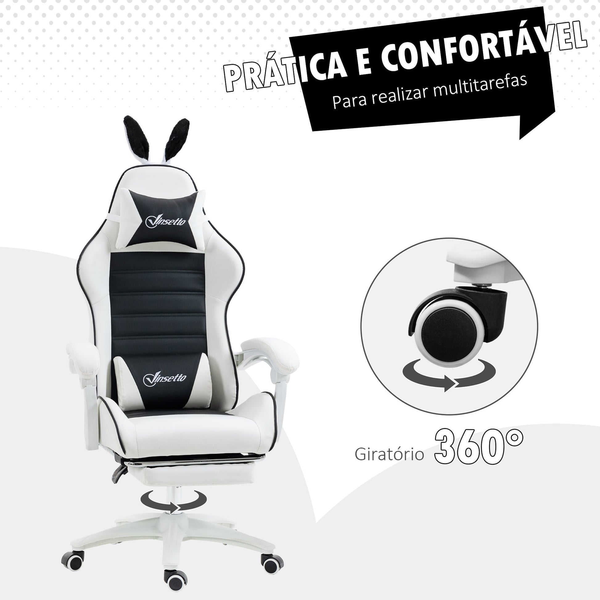 Vinsetto Cadeira Gaming Profissional Cadeira Gamer Giratória de Couro PU com Altura Ajustável Inclinável 135° Apoio para a Cabeça e Apoio para os Pés para Escritório 65x63x136 - 142 cm Branco e Preto - A minha loja