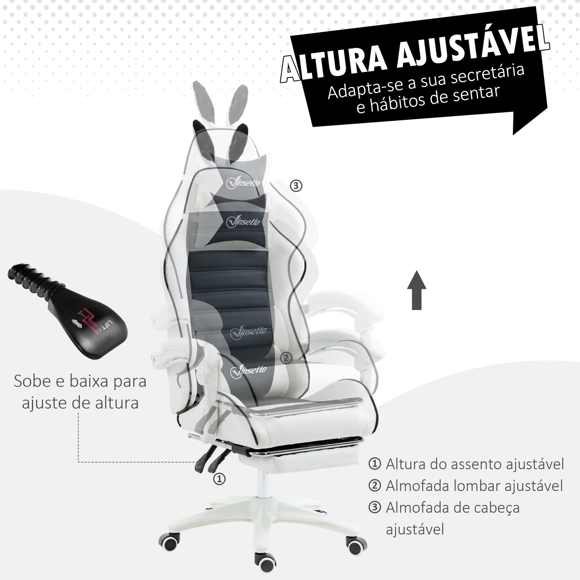 Vinsetto Cadeira Gaming Profissional Cadeira Gamer Giratória de Couro PU com Altura Ajustável Inclinável 135° Apoio para a Cabeça e Apoio para os Pés para Escritório 65x63x136 - 142 cm Branco e Preto - A minha loja