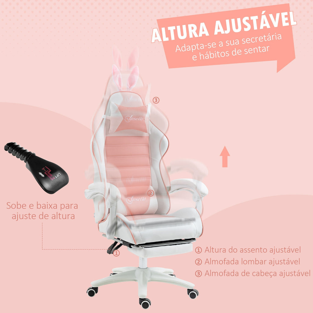 Vinsetto Cadeira Gaming Profissional Cadeira Gamer Giratória de Couro PU com Altura Ajustável Inclinável 135° Apoio para a Cabeça e Apoio para os Pés para Escritório 65x63x136 - 142 cm Rosa e Preto - A minha loja