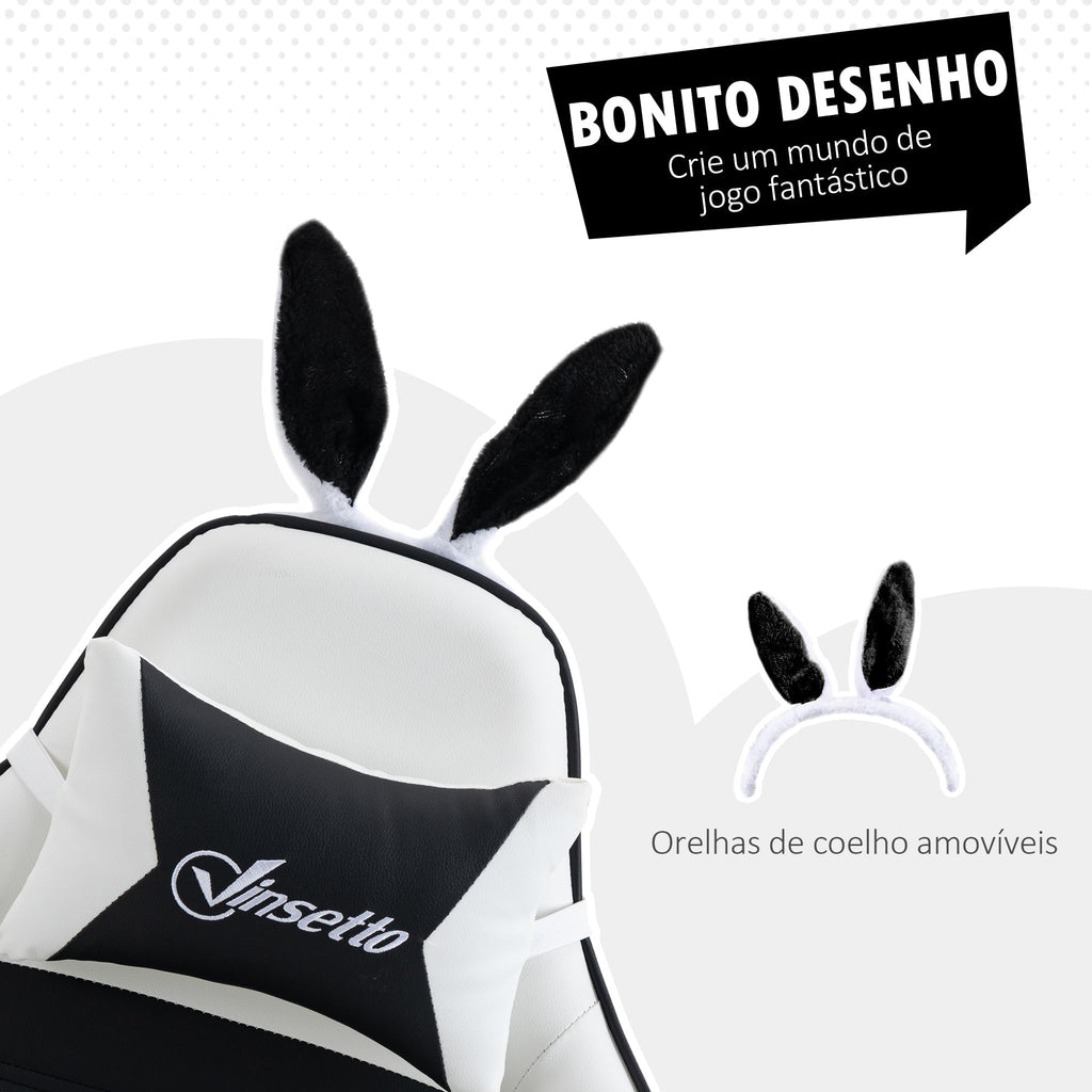Vinsetto Cadeira Gaming Profissional Cadeira Gamer Giratória de Couro PU com Altura Ajustável Inclinável 135° Apoio para a Cabeça e Apoio para os Pés para Escritório 65x63x136 - 142 cm Branco e Preto - A minha loja
