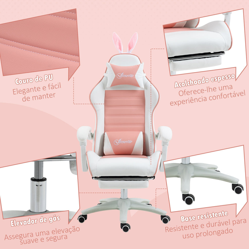 Vinsetto Cadeira Gaming Profissional Cadeira Gamer Giratória de Couro PU com Altura Ajustável Inclinável 135° Apoio para a Cabeça e Apoio para os Pés para Escritório 65x63x136 - 142 cm Rosa e Preto - A minha loja