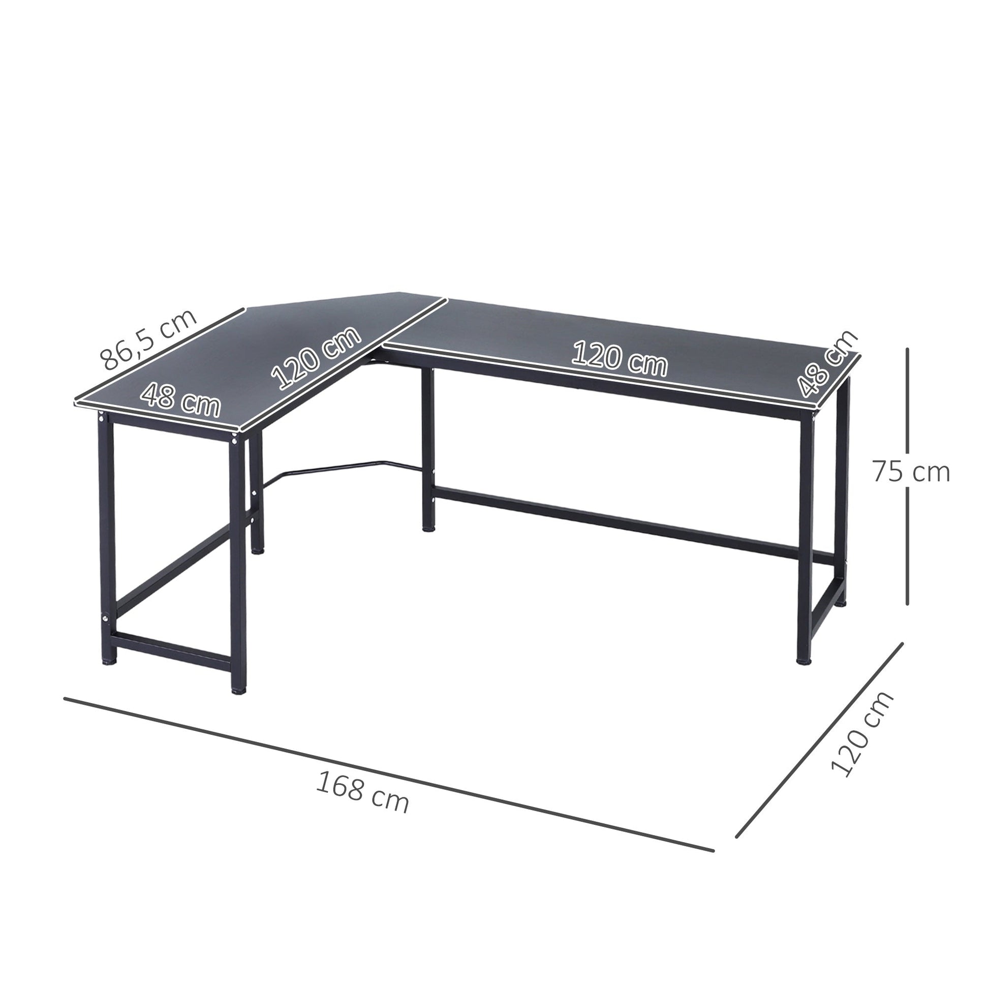 Vinsetto Secretária de Canto Mesa de Computador em Forma de L com Estrutura de Aço 168x120x75cm Preto - A minha loja