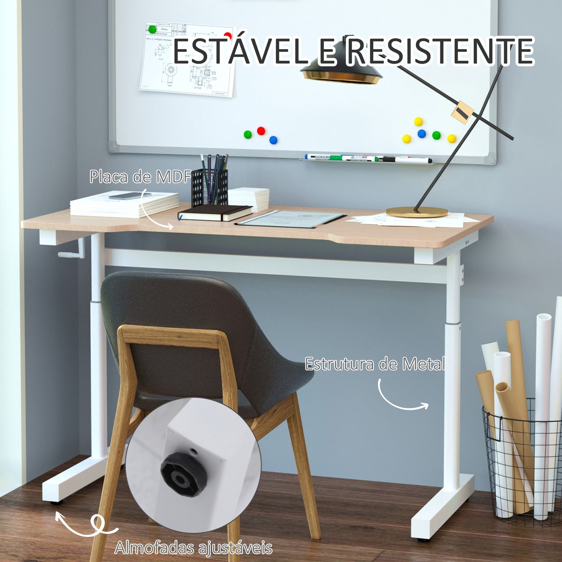 Vinsetto Secretária de Pé com Altura Ajustável a Manivela e Bancada de Carbono Secretária Elevatória para Escritório Estúdio Sala de Estar Carga Máxima 150kg 120x60x72 - 117cm Madeira e Branco - A minha loja