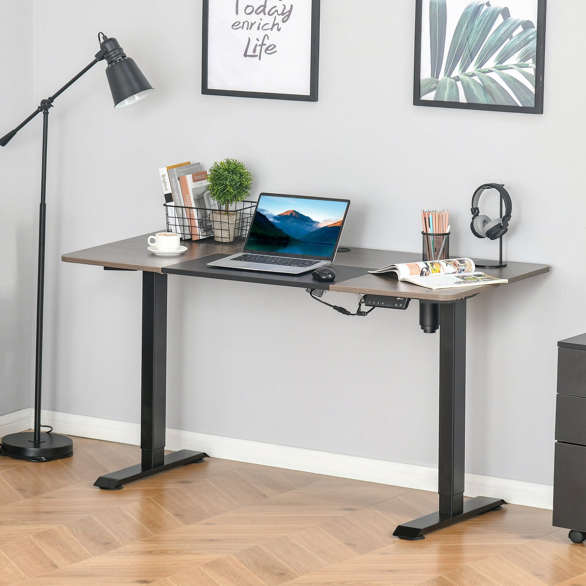 Vinsetto Secretária Elétrica de Pé com Ajuste Elétrico de Altura e 4 Teclas de Memória para Casa Escritório 140x70x72 - 116 cm Preto e Natural - A minha loja