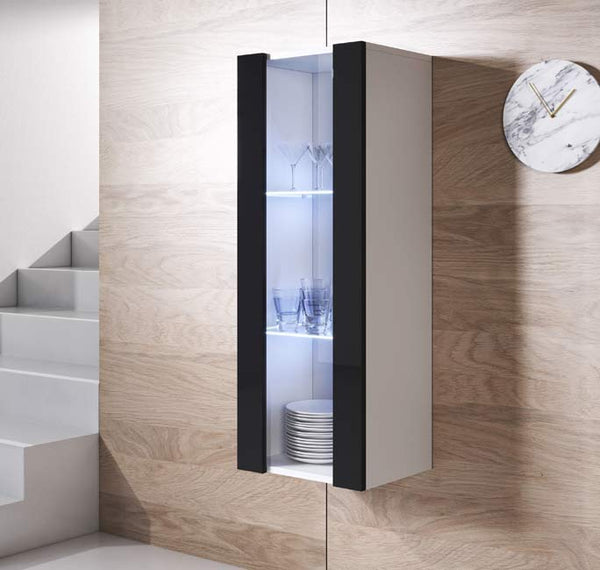 Vitrine de Parede Soutelo – 40x126 cm – Branco e Preto com LED Azul – Suspensa ou com Pés