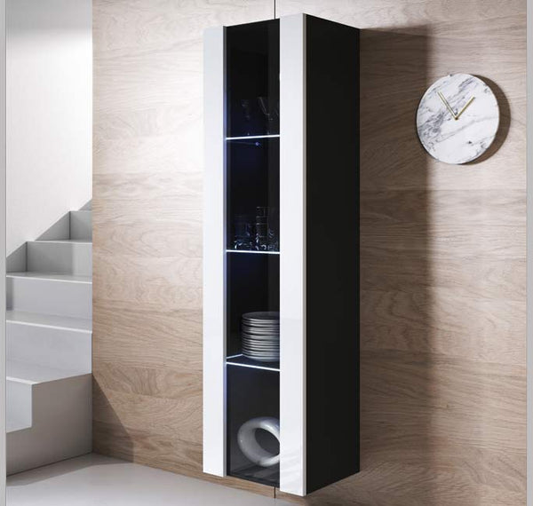 Vitrine de Parede Tarragona – 40x165 cm – Preto e Branco com LED Azul