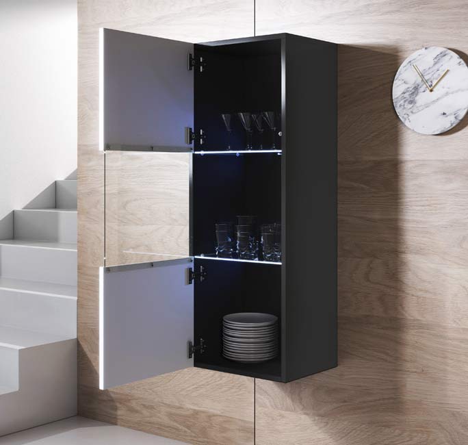 Vitrine de Parede Bragança – 40x126 cm – Preto e Branco com LED Azul