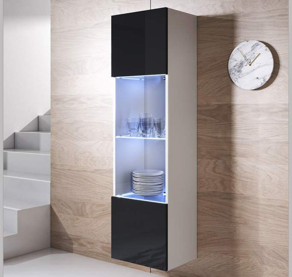 Vitrine Suspensa Lukis – Branco e Preto – 40x29x165 cm – Com LED Azul e Prateleiras em Vidro