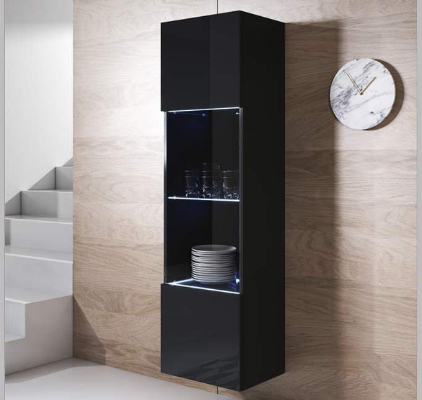 Vitrine Suspensa Leiko – Preto – 40x29x165 cm – 1 Porta com LED Azul e 4 Compartimentos em Vidro