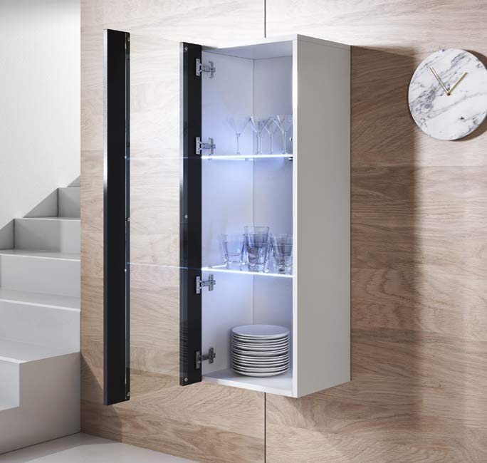 Conjunto de Móveis de Sala Ervedosa – 1,6 m – Modular em Branco e Preto com Móvel TV, Vitrine e Estantes – Design Moderno