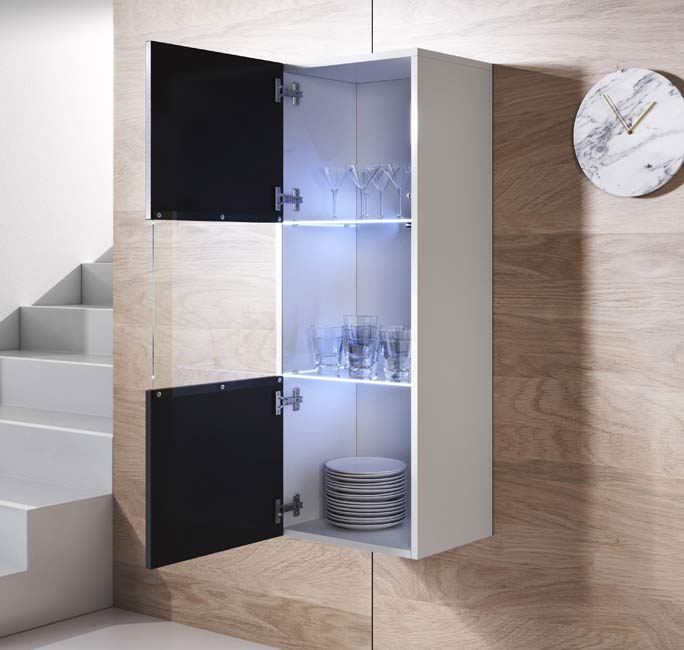Conjunto de Móveis de Sala Sandim – 1,6 m – Modular em Branco e Preto com Móvel TV, Vitrine e Estantes – Design Moderno