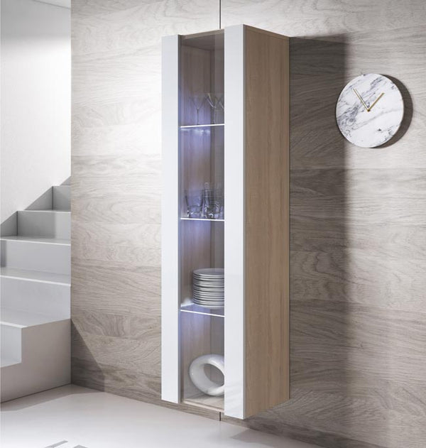 Vitrine Suspensa Rialba – Carvalho Sonoma e Branco – 40x29x165 cm – Com LED Azul e Prateleiras em Vidro
